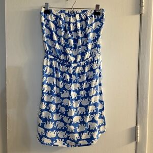 Blue and White Elephant Print Strapless Dress